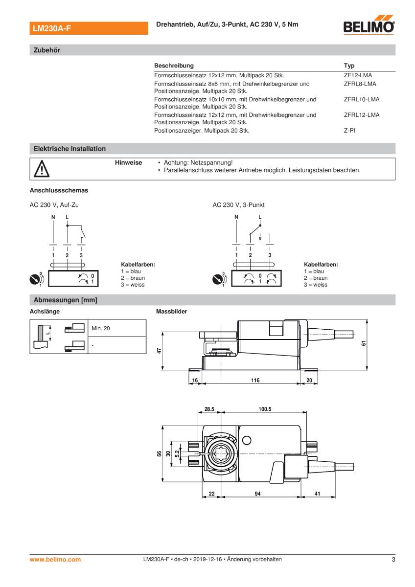 Klappenantrieb LM230A-F, Formschluss 8 x 8 mm5 Nm, 150 s, 95°AC 230 V, Auf-Zu, 3-PunktIP 54,-4