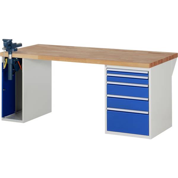 Werkbank Modell 7511,  BxTxH 2000x900x890 mm,  Buche-Massiv Arbeitsplatte 40 mm,  5 Schubladen mit  Auszug 90 %