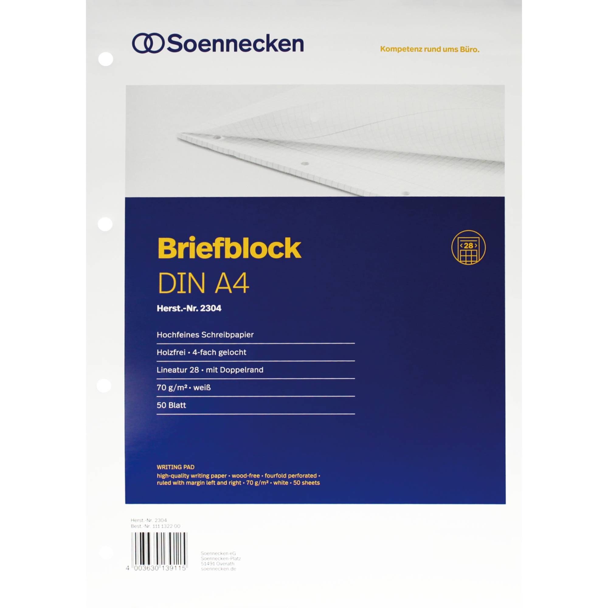 Soennecken Briefblock 2304 DIN A4 gelocht Lineatur28 kariert 50Blatt-0
