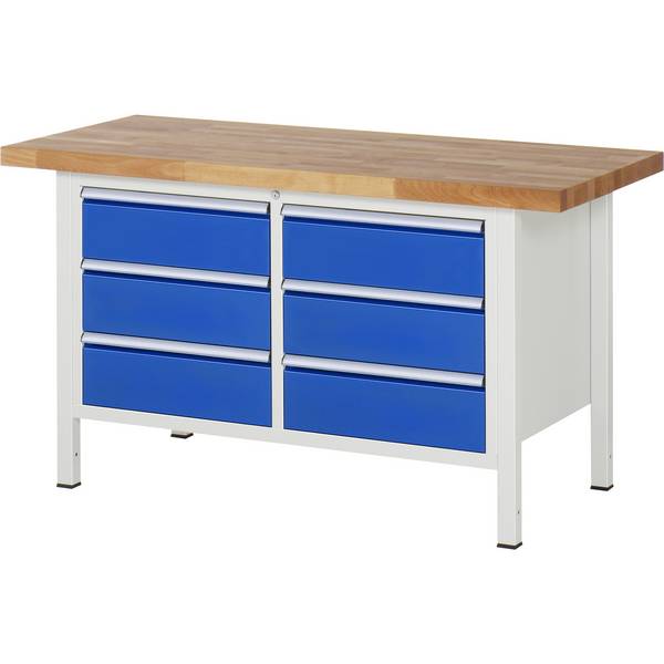 Werkbank Modell 8473,  BxTxH 1500x700x840-1040 mm,  Buche-Massiv Arbeitsplatte 40 mm,  6 Schubladen mit  Auszug 90 %