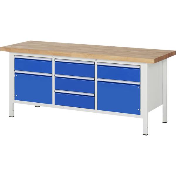 Werkbank Modell 8568,  BxTxH 2000x700x840-1040 mm,  Buche-Massiv Arbeitsplatte 40 mm,  5 Schubladen mit  Auszug 90 %