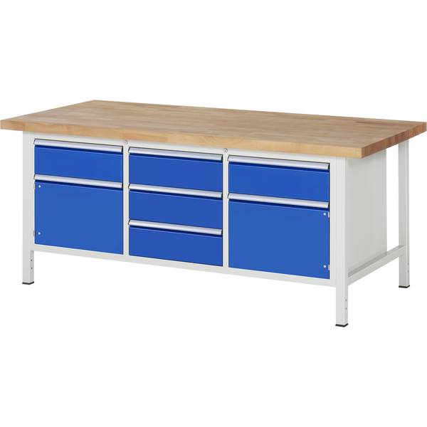 Werkbank Modell 8568,  BxTxH 2000x900x840-1040 mm,  Buche-Massiv Arbeitsplatte 40 mm,  5 Schubladen mit  Auszug 90 %