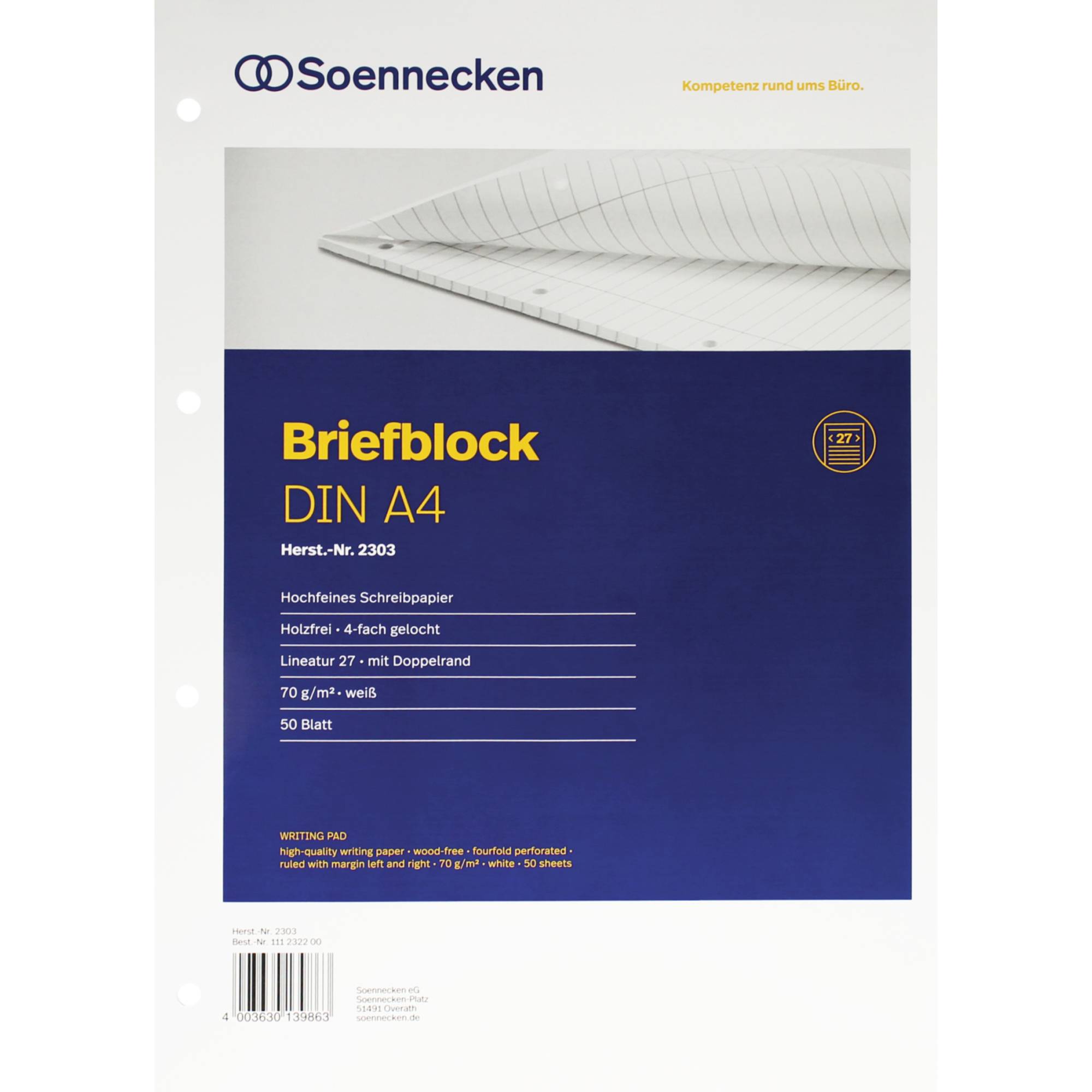 Soennecken Briefblock 2303 DIN A4 gelocht Lineatur27 liniert 50Blatt-0