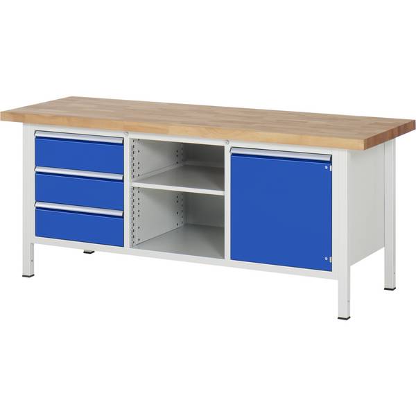 Werkbank Modell 8563,  BxTxH 2000x700x840-1040 mm,  Buche-Massiv Arbeitsplatte 40 mm,  3 Schubladen mit  Auszug 90 %