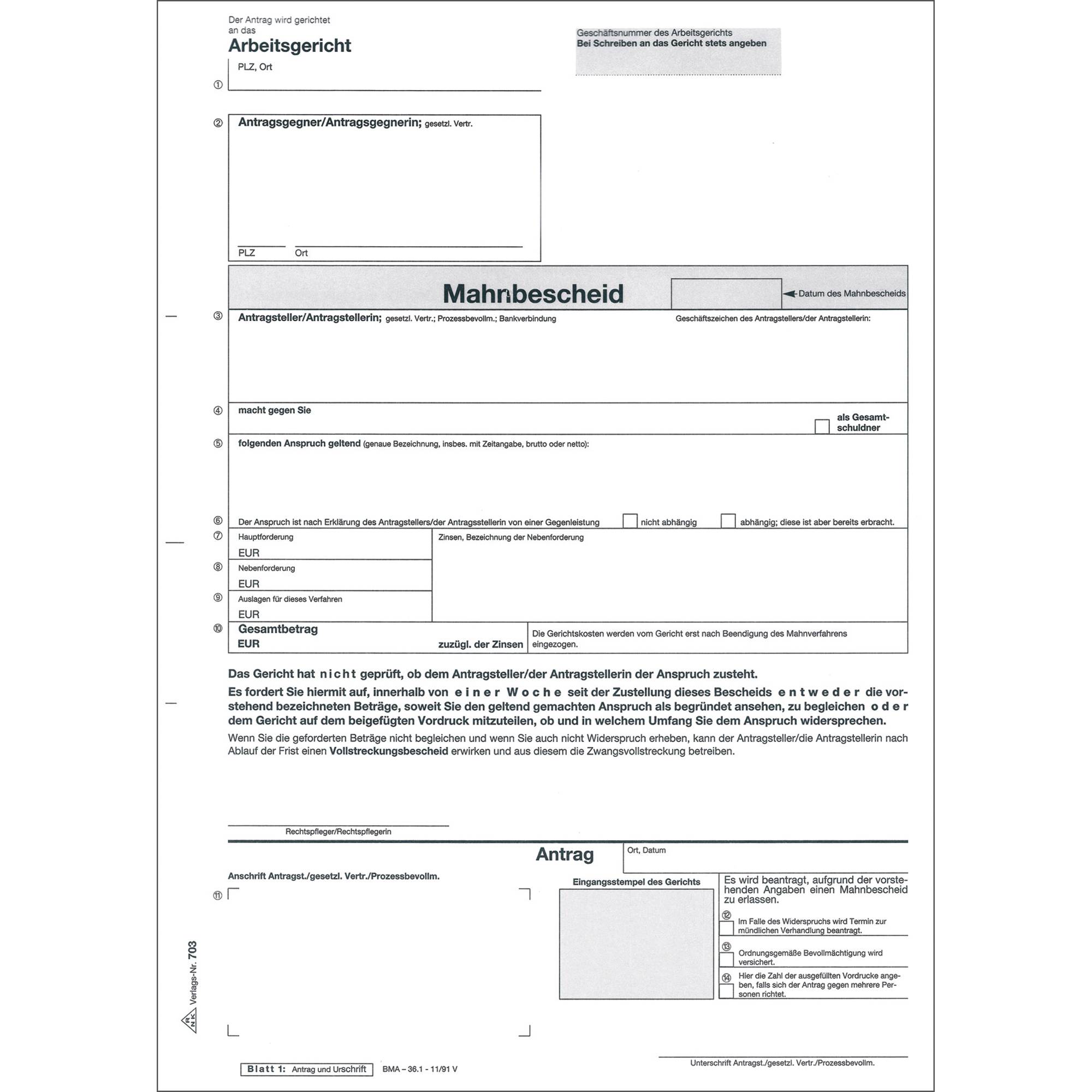 Mahnbescheid Arbeitsgericht A4 sd-0