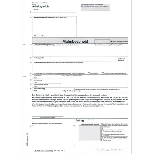 Mahnbescheid  Arbeitsgericht A4 sd