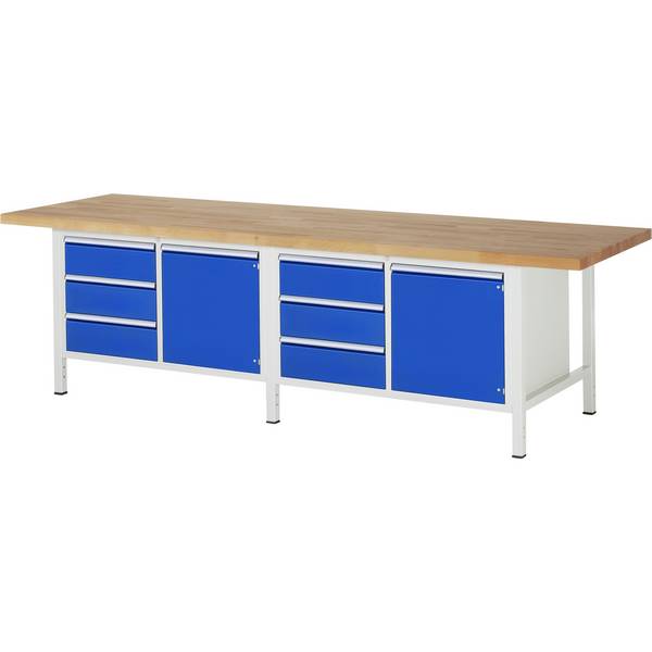 Werkbank Modell 8468,  BxTxH 3000x900x840-1040 mm,  Buche-Massiv Arbeitsplatte 40 mm,  6 Schubladen mit  Auszug 90 %