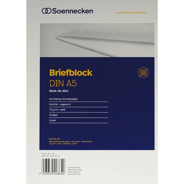 Briefblock DIN A5 70g liniert 50Blatt weiß - Artikel: 111105201