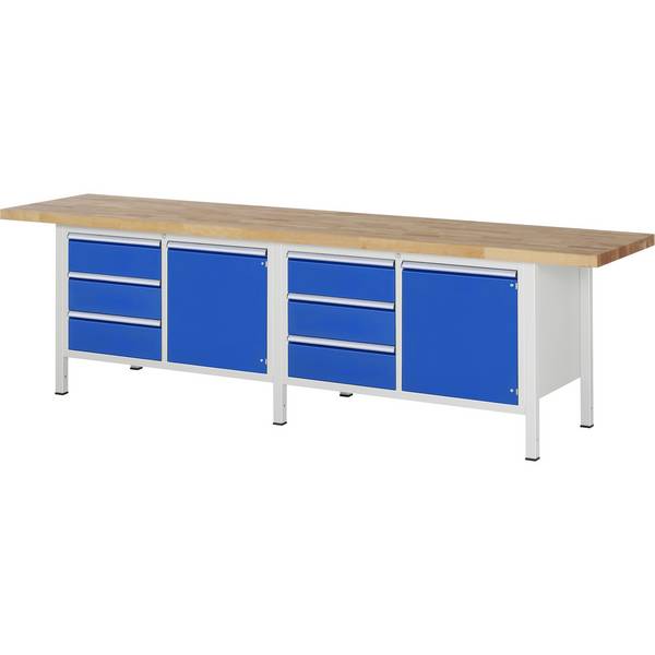 Werkbank Modell 8468,  BxTxH 3000x700x840-1040 mm,  Buche-Massiv Arbeitsplatte 40 mm,  6 Schubladen mit  Auszug 90 %
