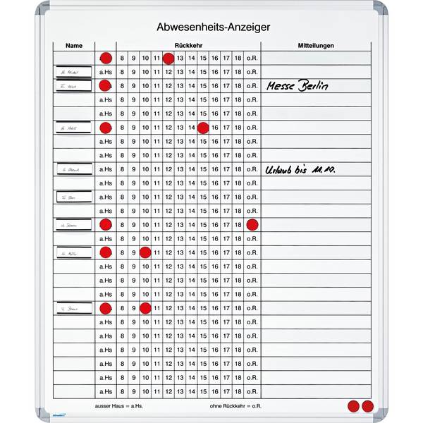 Abwesenheitstafel 610x730mm, maximal 25 Personen
