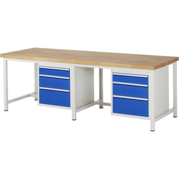 Werkbank Modell 8159,  BxTxH 2500x900x840-1040 mm,  Buche-Massiv Arbeitsplatte 40 mm,  6 Schubladen mit  Auszug 90 %