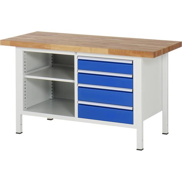 Werkbank Modell 8463,  BxTxH 1500x700x840-1040 mm,  Buche-Massiv Arbeitsplatte 40 mm,  4 Schubladen mit  Auszug 90 %
