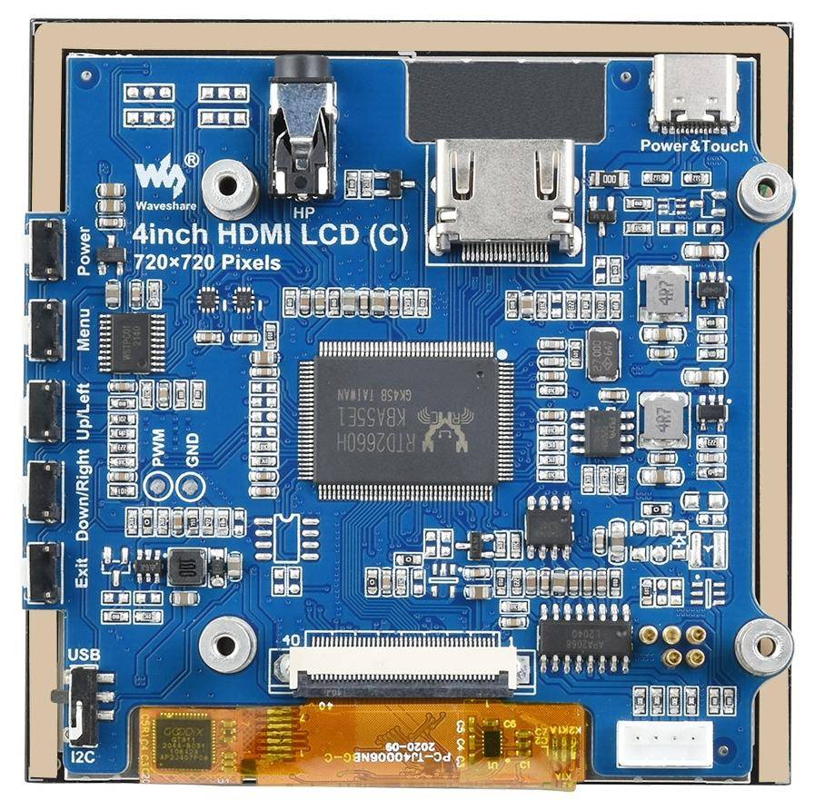 Waveshare, 4" kapazitiver 5-Punkt-Touchscreen, IPS, LCD (C), 720x720, I2C, 170 Grad, HDMI, USB-C-4