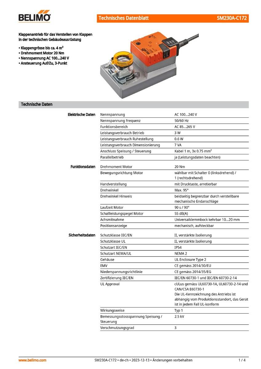 Klappenantrieb AC 230V | SM230A-C172 | 20 Nm, Auf-Zu o. 3-Pkt., 90 s, IP54-1