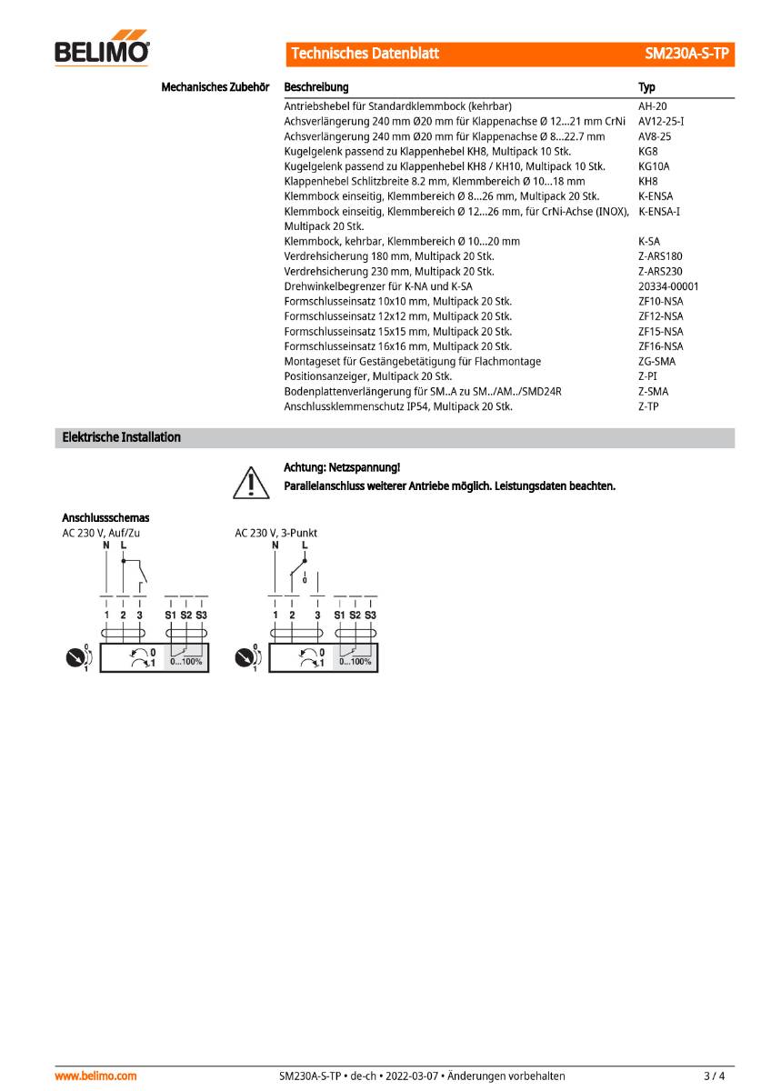 Klappenantrieb AC 230V, HS | SM230A-S-TP | 20Nm,Auf-Zu o. 3-Pkt.,150 s,IP54,Klemme-3