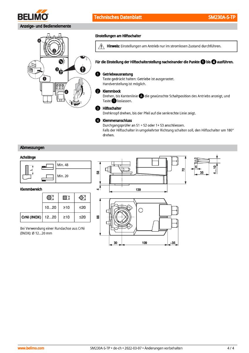 Klappenantrieb AC 230V, HS | SM230A-S-TP | 20Nm,Auf-Zu o. 3-Pkt.,150 s,IP54,Klemme-4