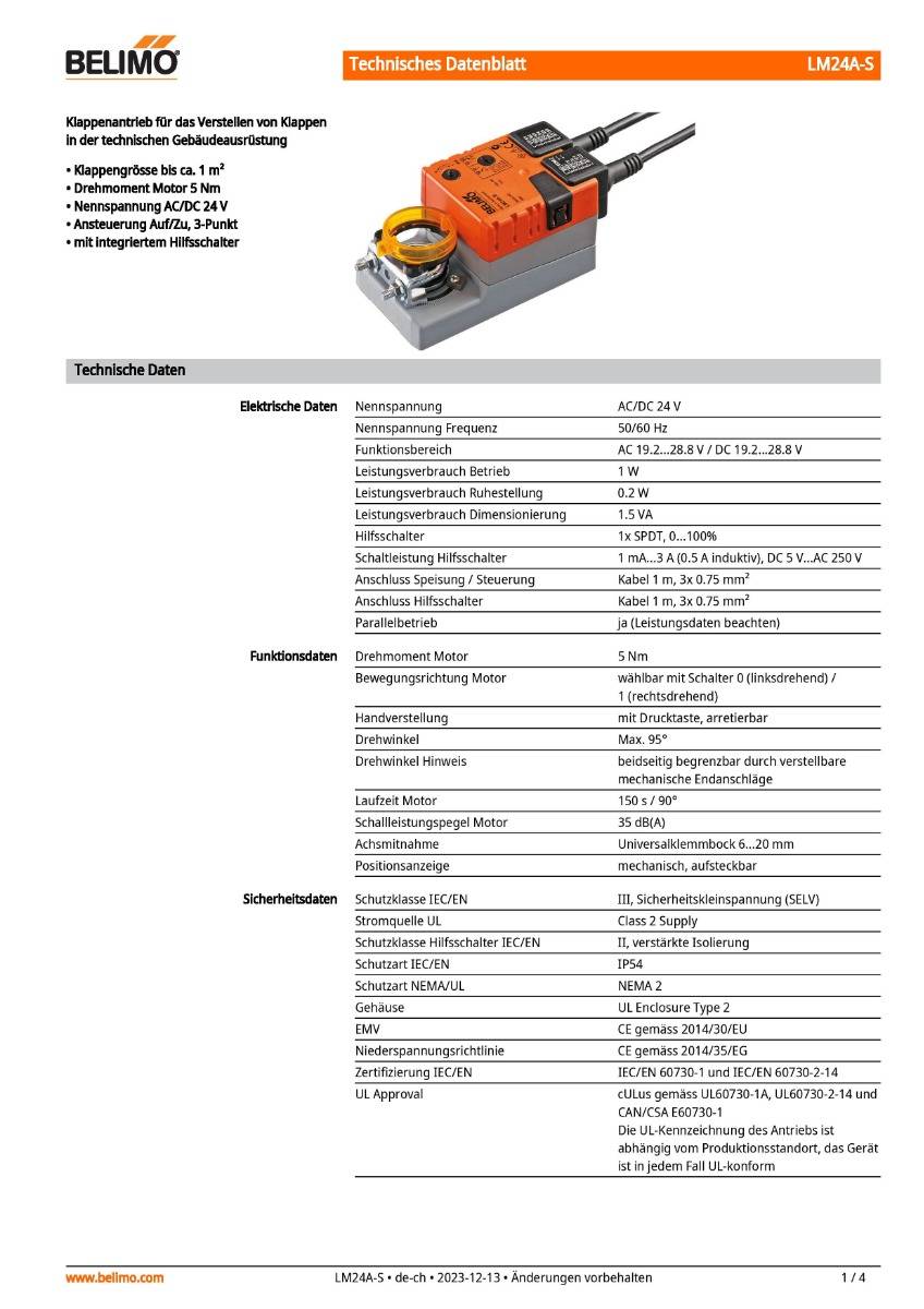 Klappenantrieb AC/DC 24V | LM24A-S | 5Nm, Auf-Zu o. 3-Pkt., 150s, IP54 HS-1