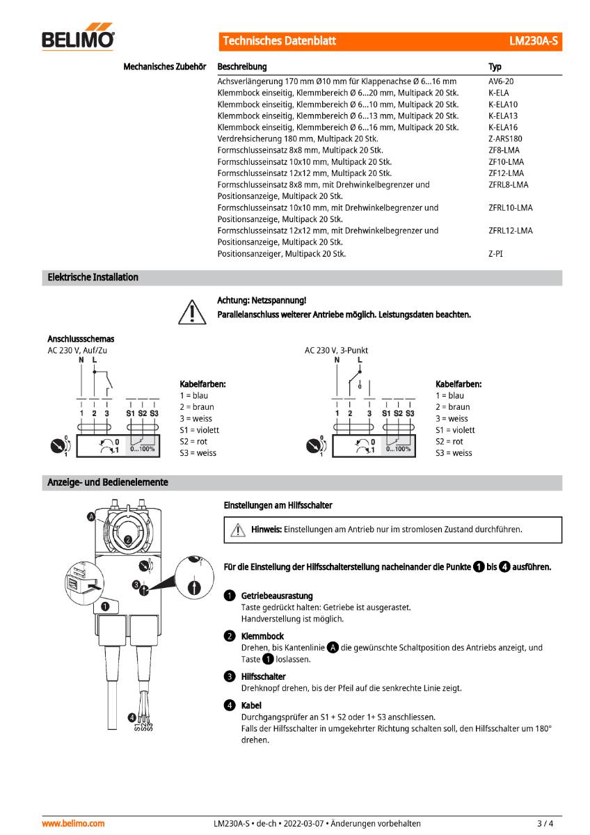 Klappenantrieb AC 230V | LM230A-S | 5Nm, Auf-Zu o. 3-Pkt., 150s, IP54, HS-1
