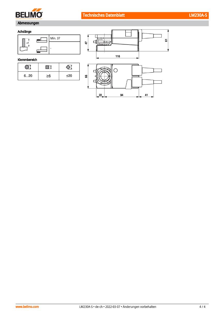 Klappenantrieb AC 230V | LM230A-S | 5Nm, Auf-Zu o. 3-Pkt., 150s, IP54, HS-2