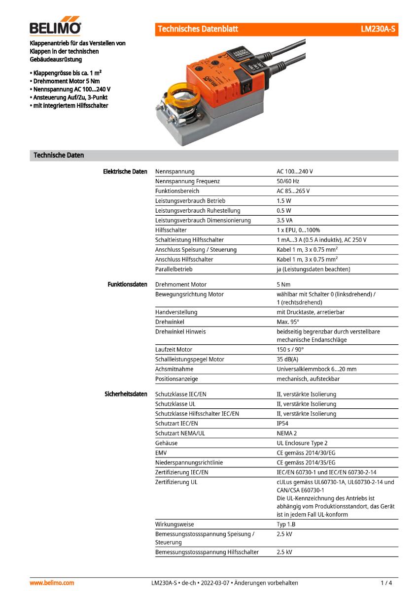Klappenantrieb AC 230V | LM230A-S | 5Nm, Auf-Zu o. 3-Pkt., 150s, IP54, HS-3