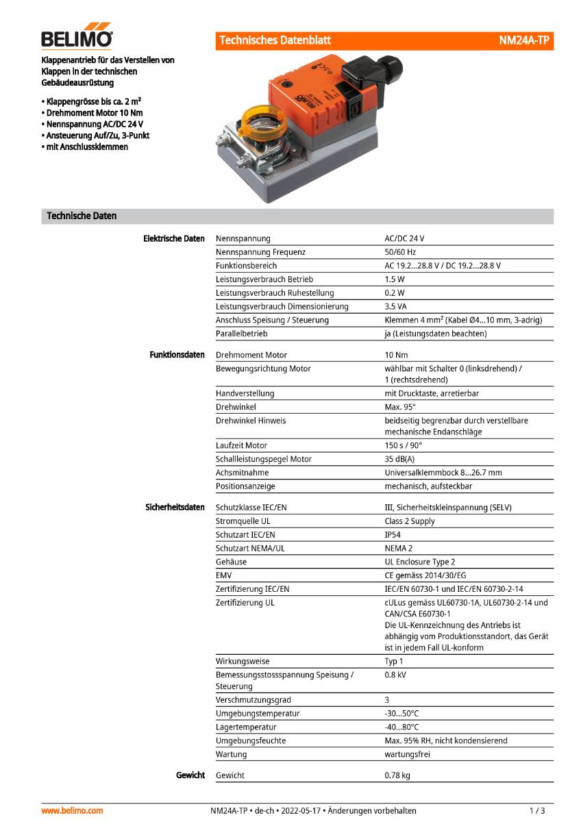 Klappenantrieb AC/DC 24V | NM24A-TP | 10Nm,Auf-Zu o. 3-Pkt.,150s,IP54,Klem.-1