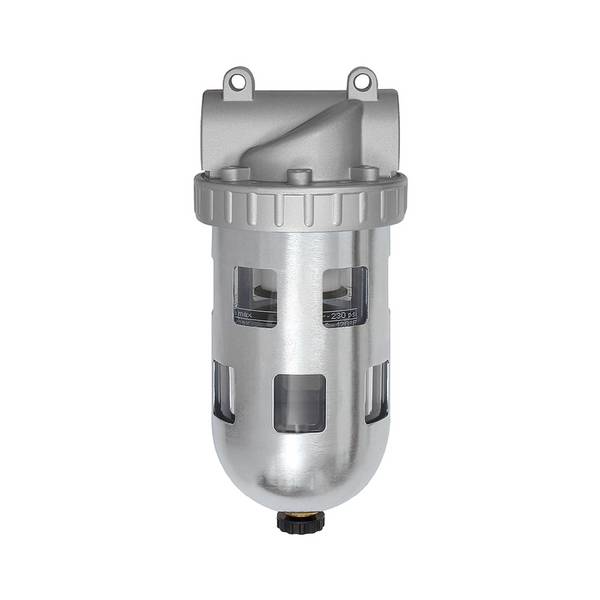 RIEGLER Filter »Standard«, PC-Behälter und Schutzkorb, 5 µm, BG 3, G 1, PE max. 16 bar, Med.-Umgeb.temp. max. 60 °C, Abl