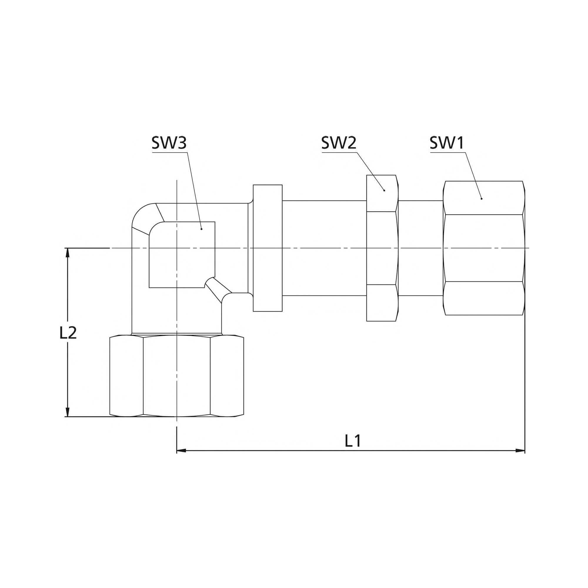 RIEGLER Winkel-Schottverschraubung, Rohr-Außen-Ø 25 mm, PN max. 400 bar, SW1 46, SW2 46, SW3 36, Stahl verzinkt. Winkel-2