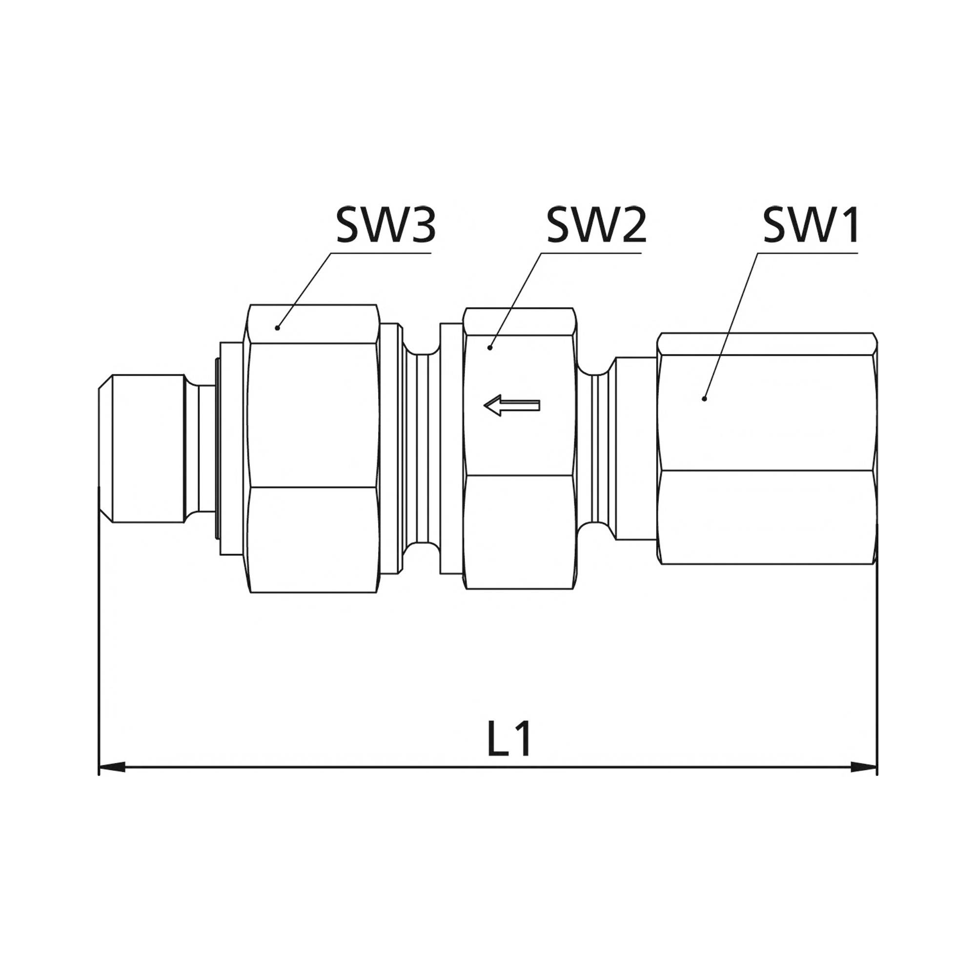 RIEGLER Rückschlagventil, G1/2a., Schneidring-Gew., Rohr-Außen-Ø14, PN max.400, SW1 27, SW2 27, SW3 32, Stahl verz.,Öff.-2