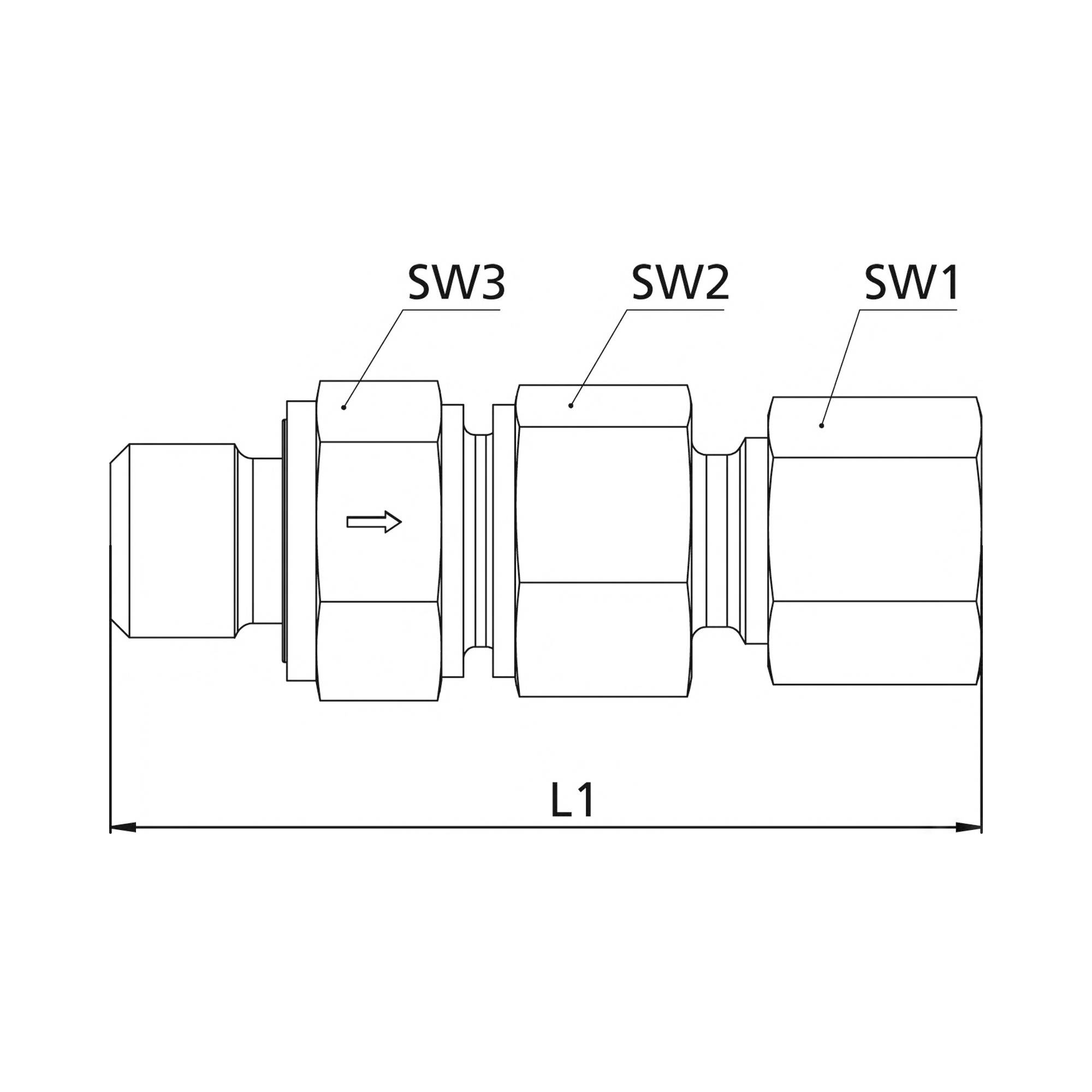 RIEGLER Rückschlagventil, G3/4a., Gew.-Schneidring, Rohr-Außen-Ø20, PN max.400, SW1 36, SW2 46, SW3 41, Stahl verz.,Öff.-2