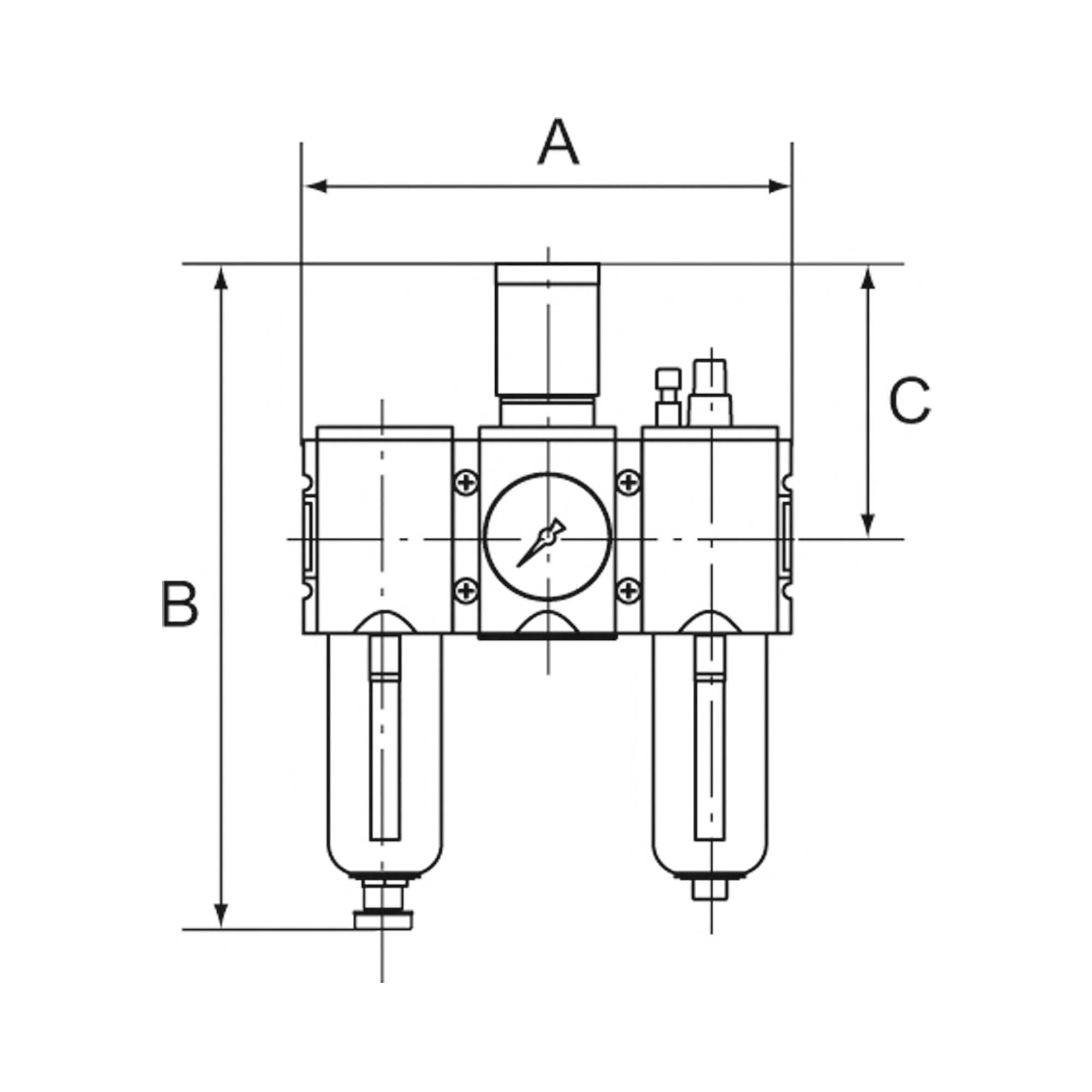 RIEGLER Wartungseinheit 3-tlg. »FUTURA« mit Metallbehälter, Sichtrohr und Mano., BG 1, G 1/4, Regelbereich 0,5-8 bar, Ko-1