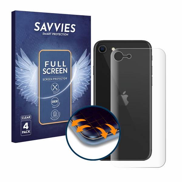 4x Savvies Flex Full-Cover Schutzfolie für Apple iPhone SE 2 / SE 3 (Rückseite) Full-Screen 3D Curved Transparent