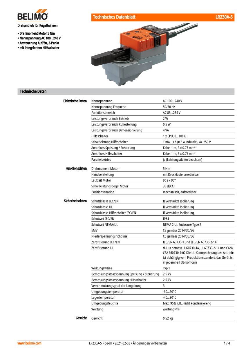 Belimo Antrieb f. Kugelhahn AC 230V5Nm, Auf-Zu o. 3-Pkt., 90 s, IP54, HS-1