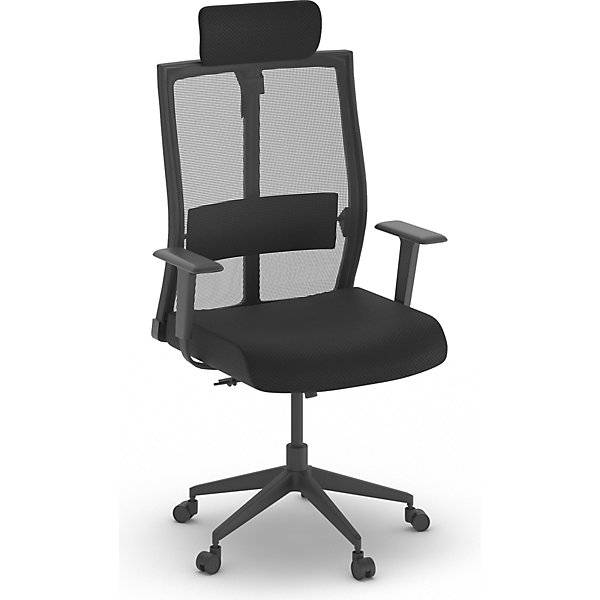 Bürostuhl AERO mit Armlehnen schwarz mit Kopfstütze. TAKKT Industrial & Packaging GmbH 83349649-0