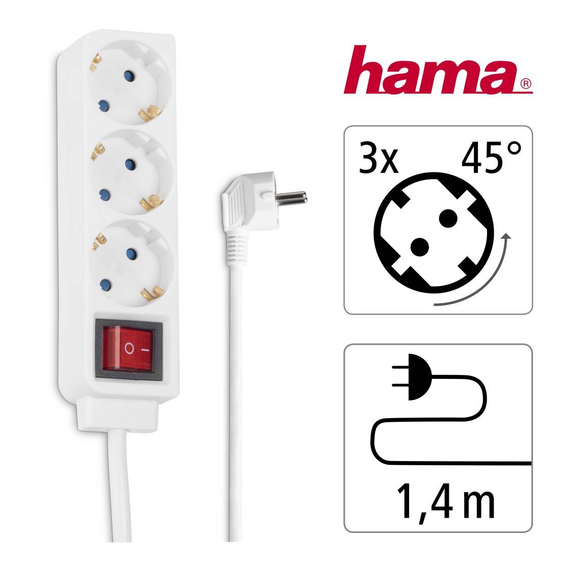 hama 00137322 Steckdosenleiste, 3-fach, mit Schalter, 1,4 m, Weiß-1