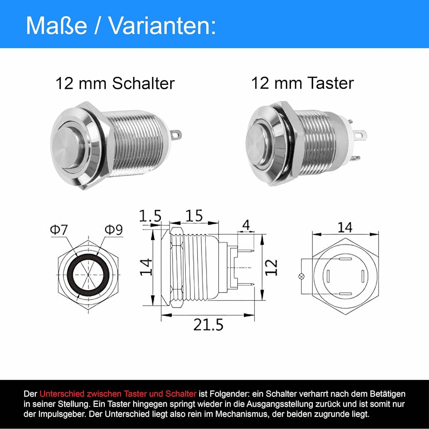 Taster Schalter 12V LED Beleuchtung Klingel Drucktaster Druckschalter Edelstahl 16mm Taster Rot-2
