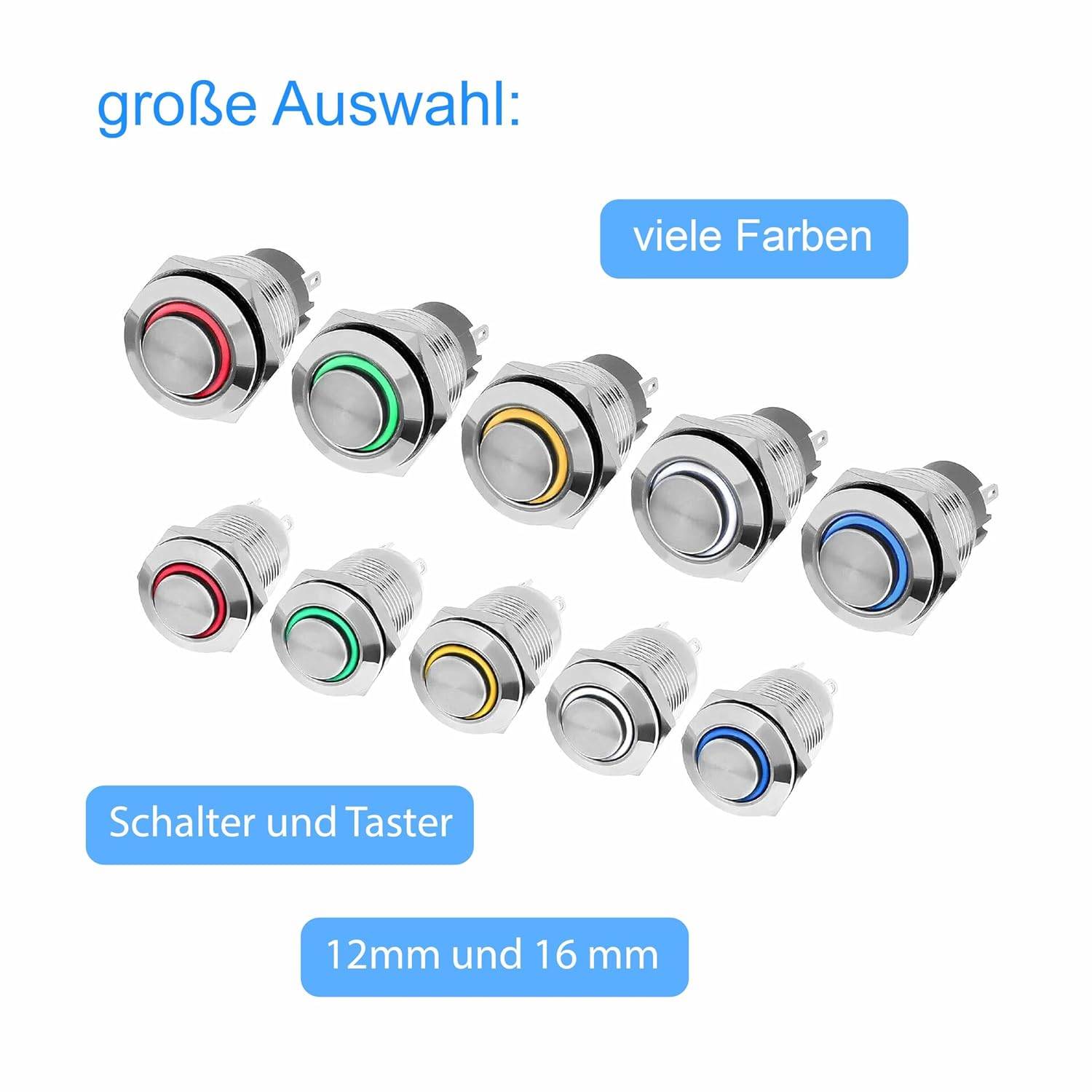 Taster Schalter 12V LED Beleuchtung Klingel Drucktaster Druckschalter Edelstahl 16mm Taster Rot-4