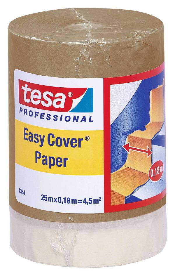 tesa Easy Cover 4364 Papier 2-in-1: Malerband mit Abdeckpapier, 25 m x 180 mm, braun