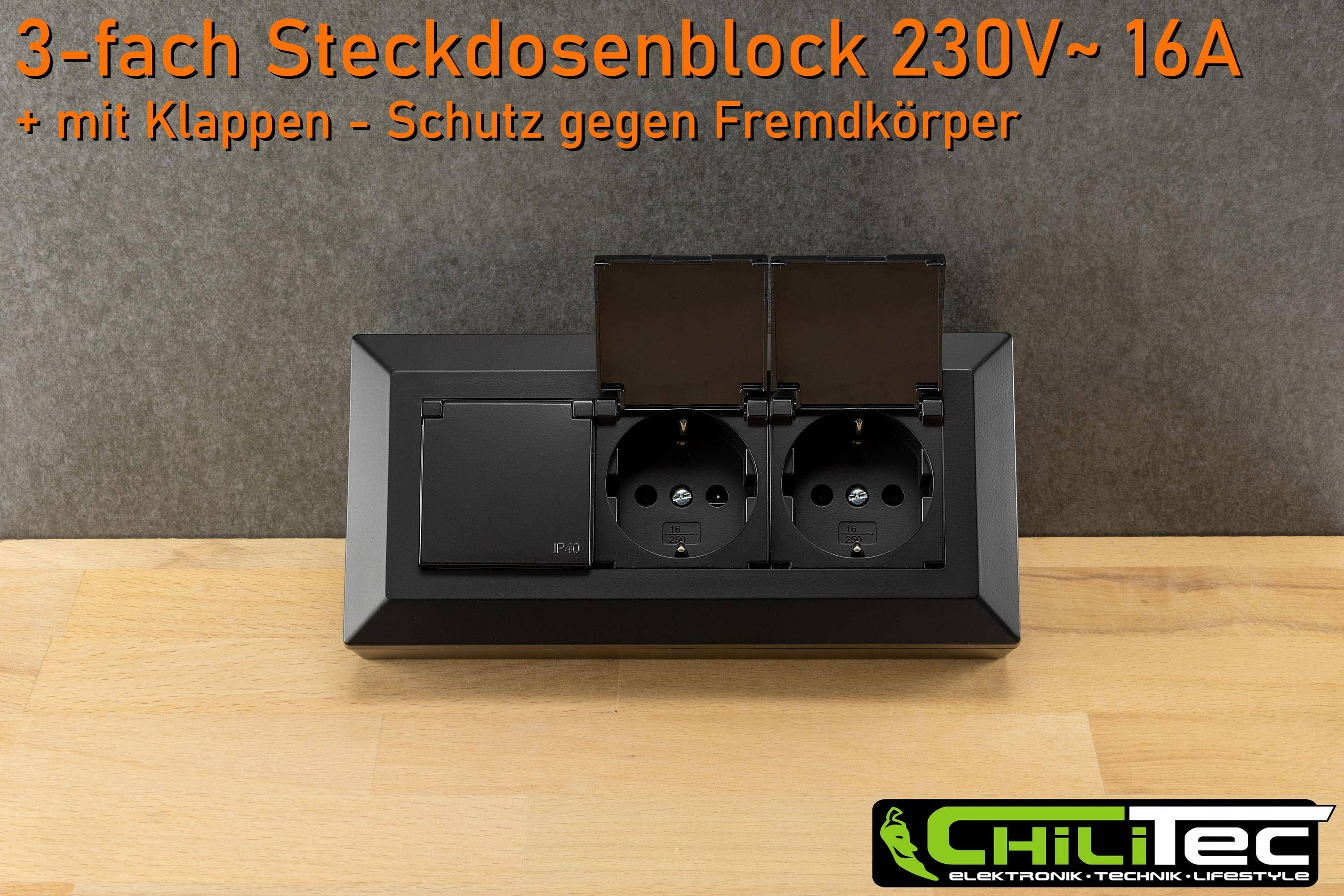 ChiliTec - DELPHI 3-fach Steckdosenblock mit Klappen, schwarz-3