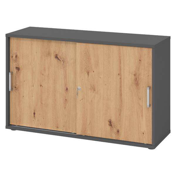 bümö Schiebetürenschrank office - 2 Ordnerhöhen - Dekor: Graphit/Asteiche, Griff: Chromgriff (Metall)