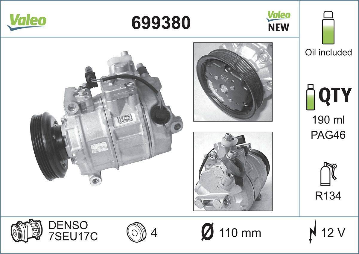 Klimakompressor 12 V R 134a Ø 110 mm VALEO passend für u.a. AUDI A4-0