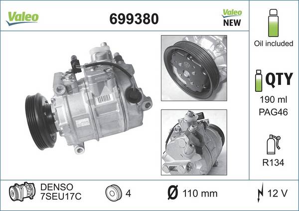 Klimakompressor 12 V R 134a Ø 110 mm VALEO passend für u.a. AUDI A4