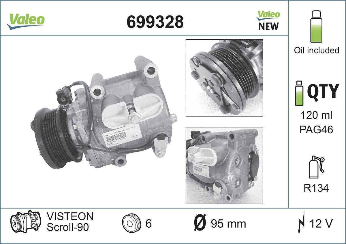 Klimakompressor 12 V R 134a Ø 95 mm VALEO passend für u.a. FORD MONDEO-1