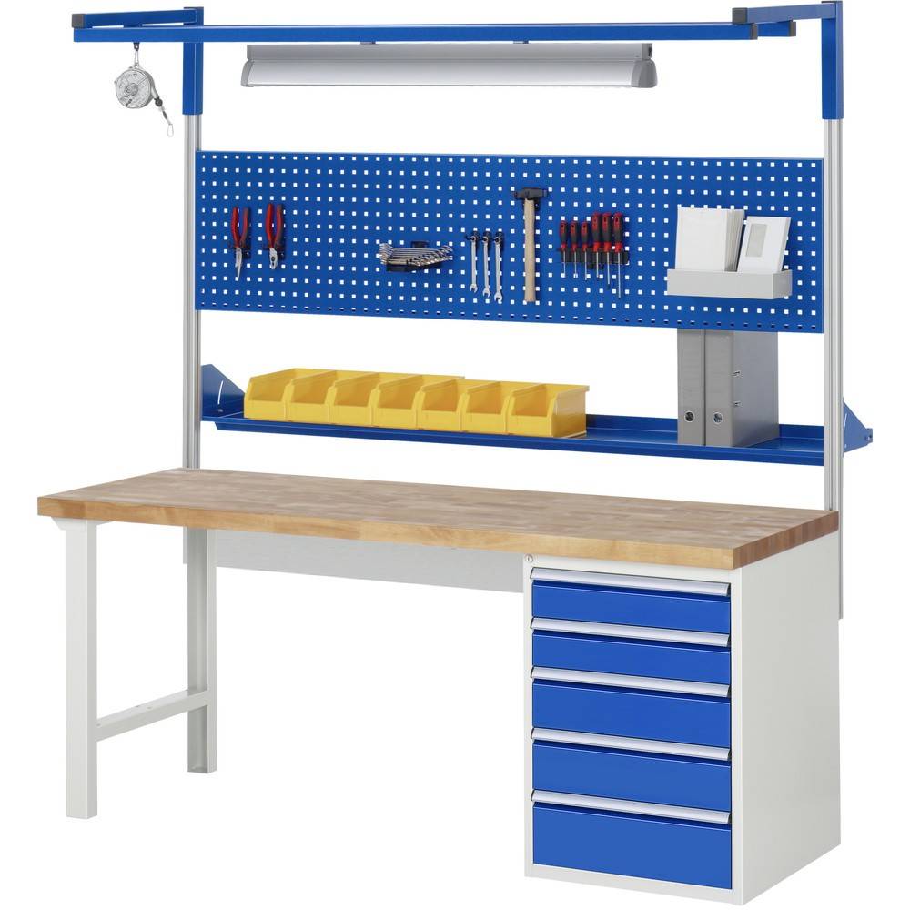Werkbank - 5 Schubladen, 60 / 90 / 150 / 270 mm - Teilauszug - Buchenplatte - Tragkraft 1.000 kg - 840 x 2.000 x 700 mm-4
