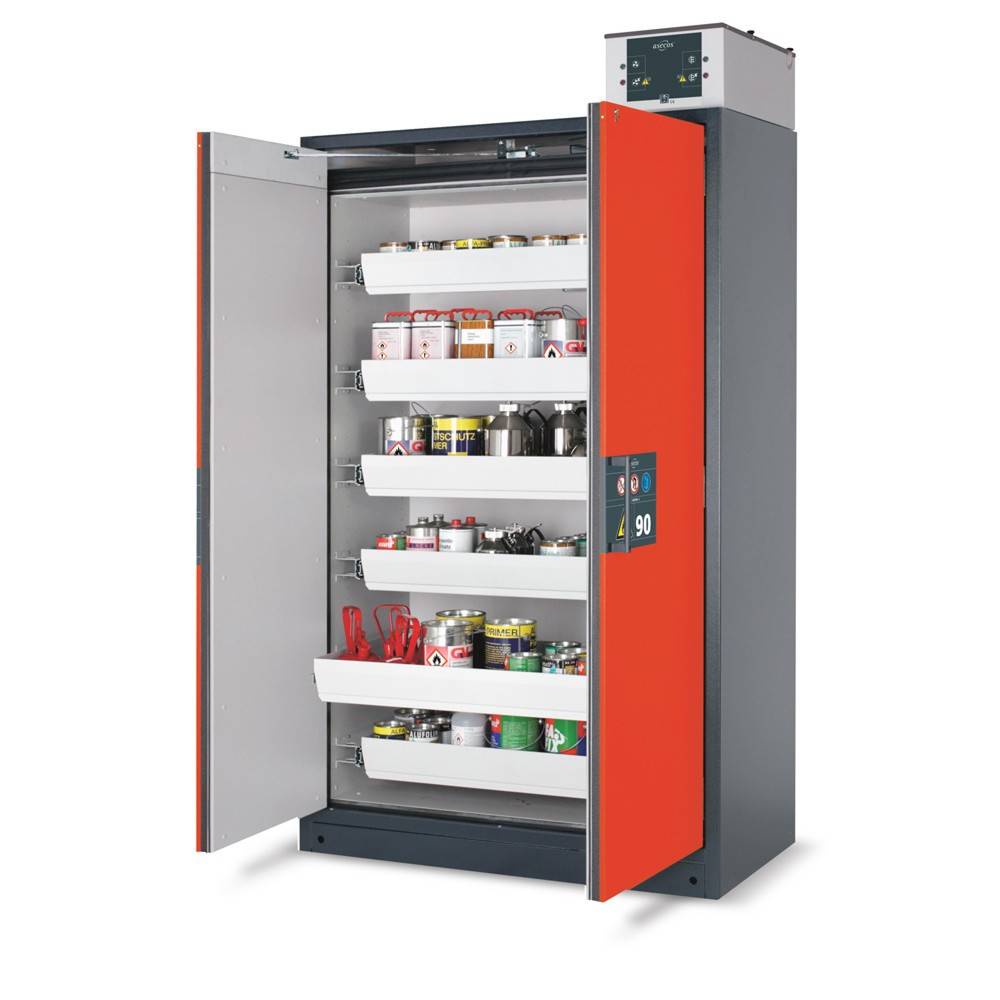 Gefahrstoffschrank, BxTxH 893x615x1953 mm, 4 Auszugswannen, inkl. TSA, AGT, RAL 7016/3020-1