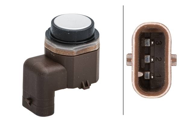 HELLA 6PX 358 141-321 Sensor, Einparkhilfe - gewinkelt - 3-polig - gesteckt - lackierbar - mit Befes-0