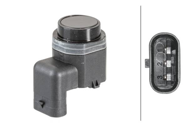HELLA 6PX 358 141-081 Sensor, Einparkhilfe - gewinkelt - 3-polig - gesteckt - lackierbar - mit Befes