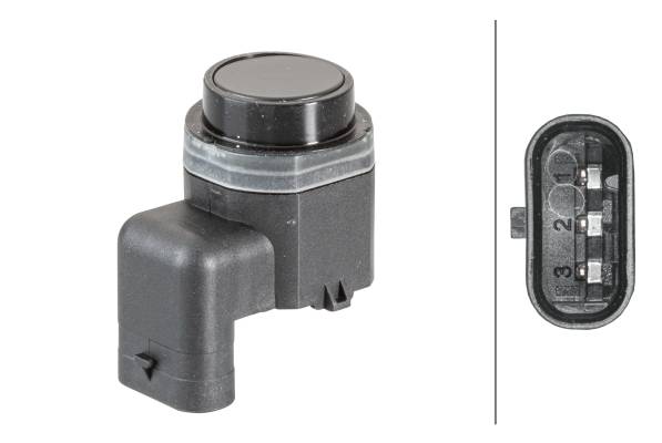 HELLA 6PX 358 141-081 Sensor, Einparkhilfe - gewinkelt - 3-polig - gesteckt - lackierbar - mit Befes-0