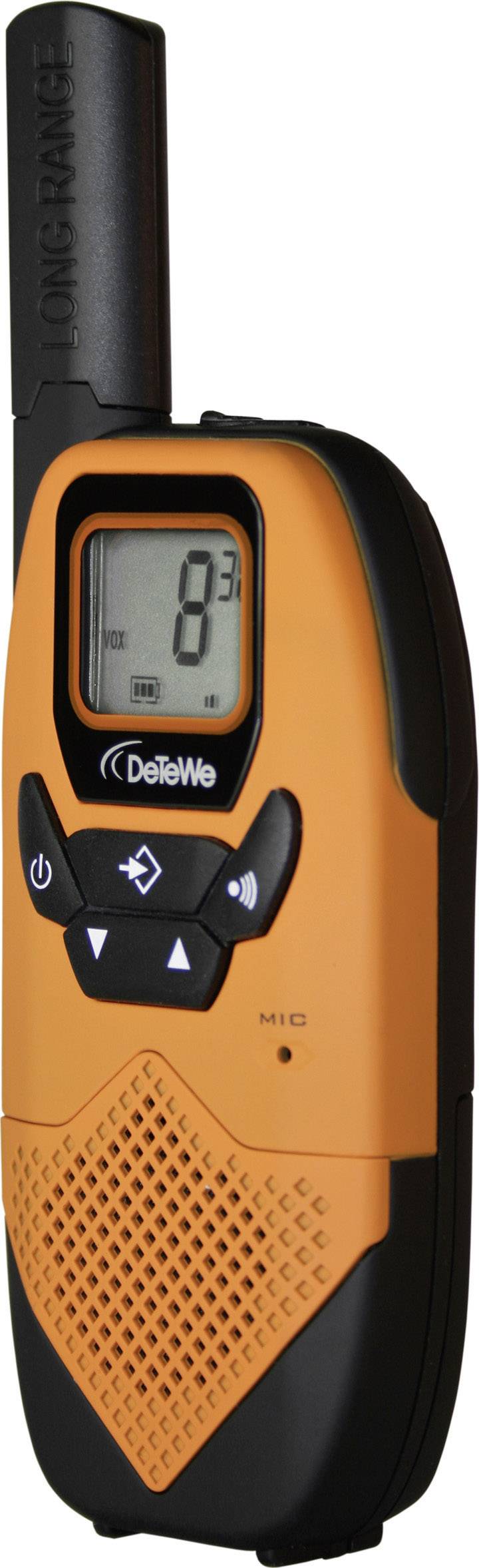 Ein orange-schwarzes Walkie-Talkie mit Digitalanzeige zeigt '8'. Es hat Tasten zur Steuerung und ein Mikrofon. Marke: DeTeWe.