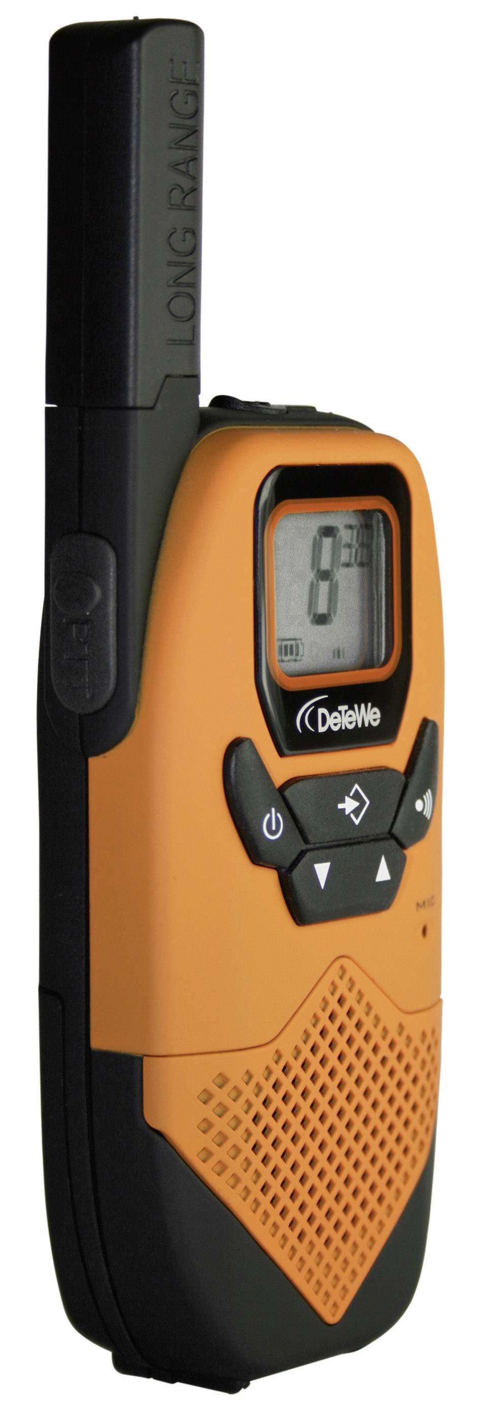 Ein oranges Walkie-Talkie mit Antenne und Display zeigt '8' an. Es hat schwarze Bedientasten darunter und ist aufrecht positioniert.