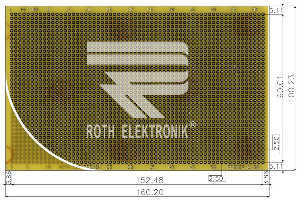 Roth Elektronik RE100-LF Laborkarte FR4 160 x 100 mm 1,5 mm einseitig RM 2,50 Ø 1 mm 35 µm-1